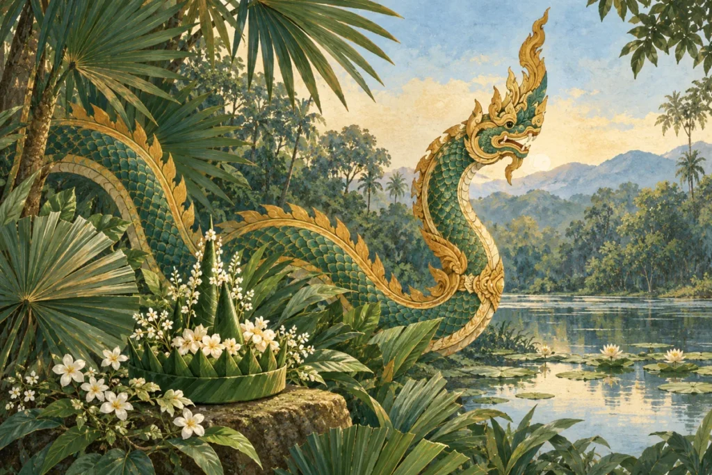 ภาพประกอบพญานาคและเครื่องสักการะสำหรับเรื่องวัฒนธรรมคำชะโนด