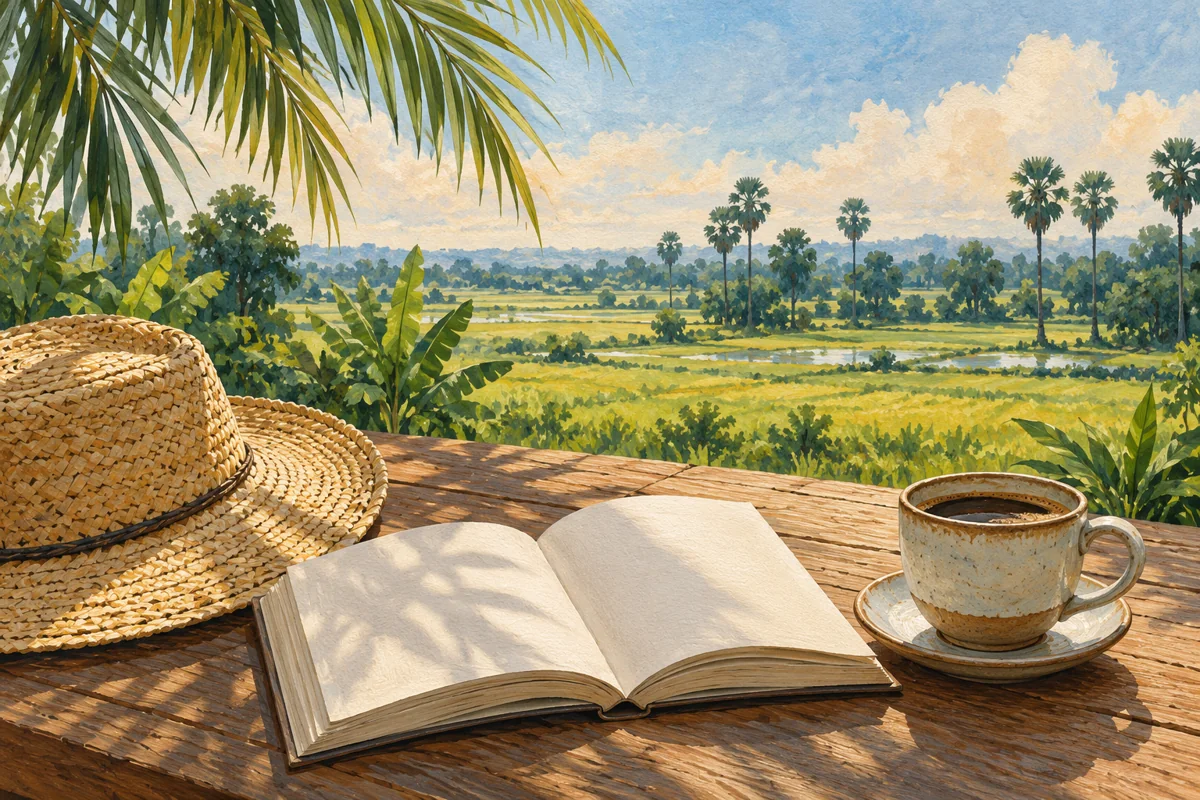 ภาพประกอบกาแฟ หนังสือ และบรรยากาศชนบทสำหรับการพักผ่อน